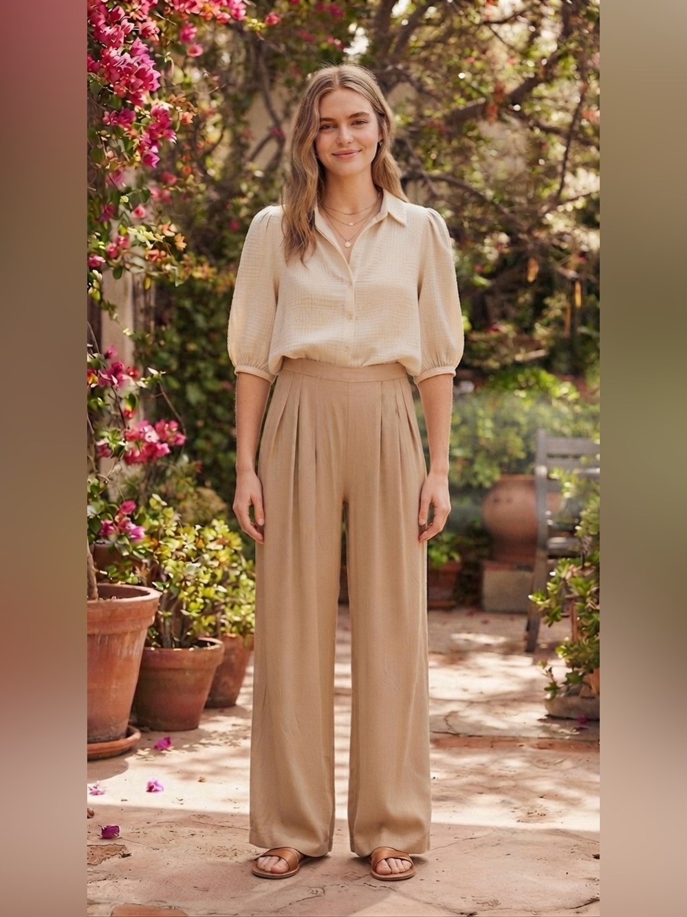 Women’s Tan Self-Double Layer Wide Leg Pants Small